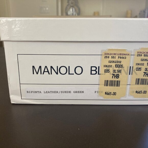 Manolo Blahnik Bipunta Leather Suede Olive Green Pumps Heels IOB EU 37.5 US 7 - Picture 13 of 16